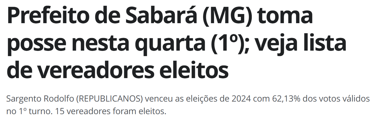 Prefeito de Sabará (MG) toma posse nesta quarta (1º); veja lista de vereadores eleitos